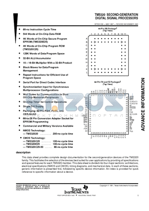 TMS320C25FNLR datasheet - SECOND-GENERATION DIGITAL SIGNAL PROCESSORS