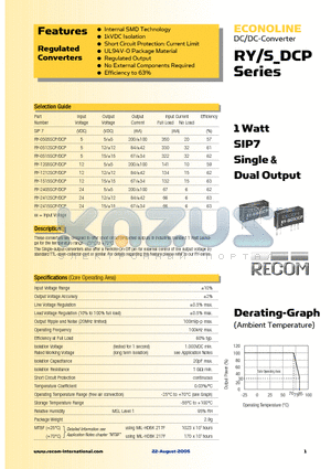 RY-1212SCP datasheet - 1 Watt SIP7 Single & Dual Output