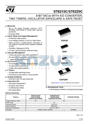 ST6215 datasheet - 8-BIT MCUs WITH A/D CONVERTER, TWO TIMERS, OSCILLATOR SAFEGUARD & SAFE RESET