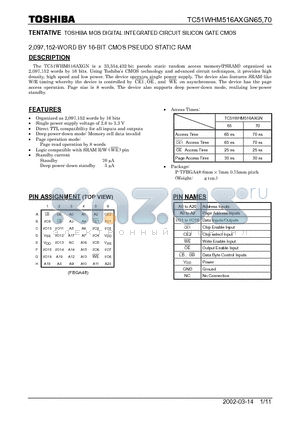 TC51WHM516AXGN70 datasheet - TOSHIBA MOS DIGITAL INTEGRATED CIRCUIT SILICON GATE CMOS, 2,097,152-WORD BY 16-BIT CMOS PSEUDO STATIC RAM