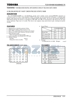 TC51WHM616AXBN70 datasheet - TENTATIVE TOSHIBA MOS DIGITAL INTEGRATED CIRCUIT SILICON GATE CMOS