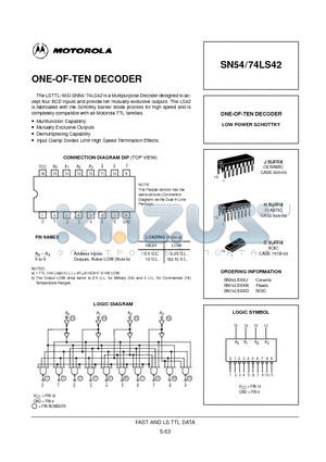 SN74LS42D datasheet - ONE-OF-TEN DECODER