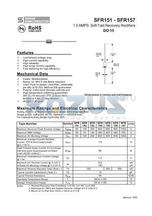SFR151 datasheet - 1.5 AMPS. Soft Fast Recovery Rectifiers