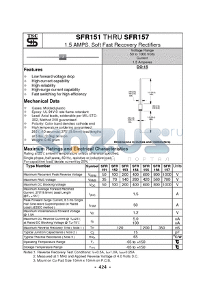 SFR152 datasheet - 1.5 AMPS. Soft Fast Recovery Rectifiers