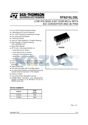 ST6225LB1 datasheet - LOW VOLTAGE 8-BIT ROM MCUs WITH A/D CONVERTER AND 28 PINS