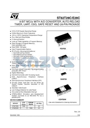 ST6228CN3 datasheet - 8-BIT MCUs WITH A/D CONVERTER, AUTO-RELOAD TIMER, UART, OSG, SAFE RESET AND 28-PIN PACKAGE