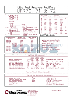 UFR7140 datasheet - ULTRA FAST RECOVERY RECTIFIER