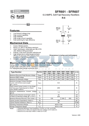 SFR602 datasheet - 6.0 AMPS. Soft Fast Recovery Rectifiers