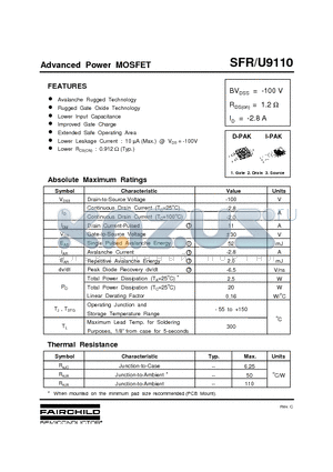 SFRU9110 datasheet - Advanced Power MOSFET