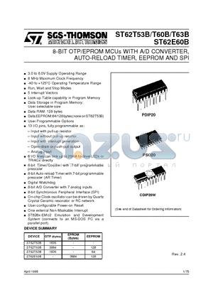 ST6263BB3 datasheet - 8-BIT OTP/EPROM MCUs WITH A/D CONVERTER, AUTO-RELOAD TIMER, EEPROM AND SPI