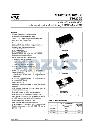 ST6265C datasheet - 8-bit MCUs with ADC, safe reset, auto-reload timer, EEPROM and SPI