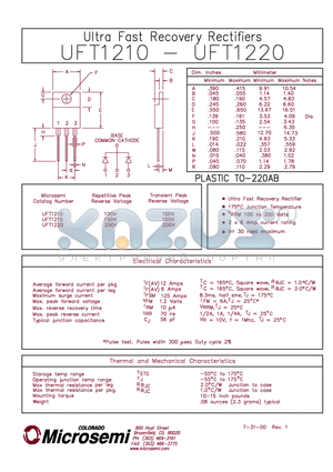 UFT1210 datasheet - ULTRA FAST RECOVERY RECTIFIERS