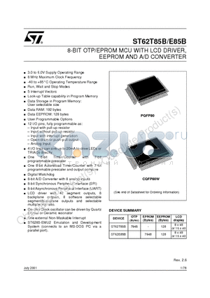 ST6285B datasheet - 8-BIT OTP/EPROM MCU WITH LCD DRIVER, EEPROM AND A/D CONVERTER