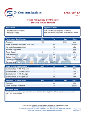 SFS1730A-LF datasheet - Fixed Frequency Synthesizer