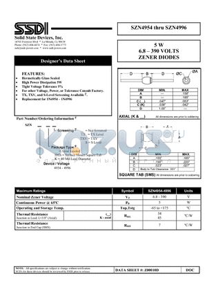 SZN4954 datasheet - 6.8  390 VOLTS ZENER DIODES