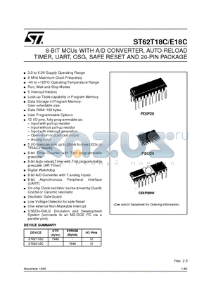 ST62E18C datasheet - 8-BIT MCUs WITH A/D CONVERTER, AUTO-RELOAD TIMER, UART, OSG, SAFE RESET AND 20-PIN PACKAGE