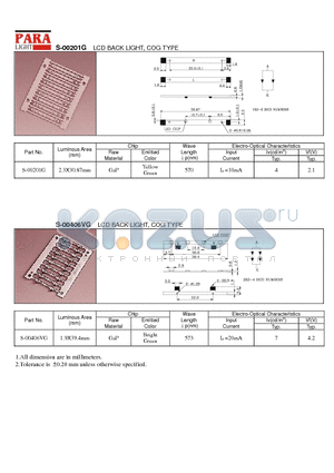 S-00406VG datasheet - LCD BACK LIGHT, COG TYPE