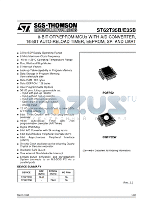 ST62E35B datasheet - 8-BIT OTP/EPROM MCUs WITH A/D CONVERTER, 16-BIT AUTO-RELOAD TIMER, EEPROM, SPI AND UART