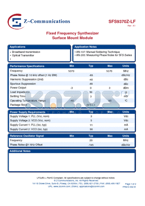 SFS9370Z-LF_11 datasheet - Fixed Frequency Synthesizer Surface Mount Module