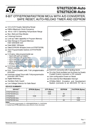 ST62E62CD datasheet - 8-BIT OTP/EPROM/FASTROM MCUs WITH A/D CONVERTER, SAFE RESET, AUTO-RELOAD TIMER AND EEPROM