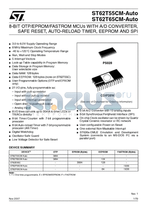 ST62E65C datasheet - 8-BIT OTP/EPROM/FASTROM MCUs WITH A/D CONVERTER, SAFE RESET, AUTO-RELOAD TIMER, EEPROM AND SPI