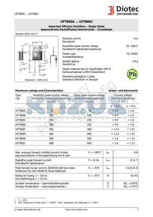 UFT800F datasheet - Superfast Efficient Rectifiers - Single Diode