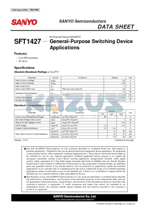 SFT1427 datasheet - N-Channel Silicon MOSFET General-Purpose Switching Device Applications
