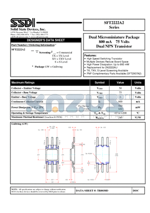 SFT2222A2GW datasheet - Dual Microminiature Package 800 mA 75 Volts Dual NPN Transistor