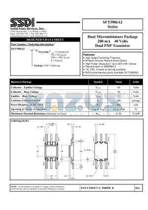 SFT3906A2 datasheet - Dual Microminiature Package Dual PNP Transistor