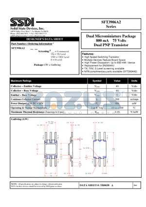 SFT3906A2GW datasheet - Dual Microminiature Package 800 mA 75 Volts Dual PNP Transistor