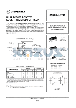 SN74LS74 datasheet - DUAL D-TYPE POSITIVE EDGE-TRIGGERED FLIP-FLOP