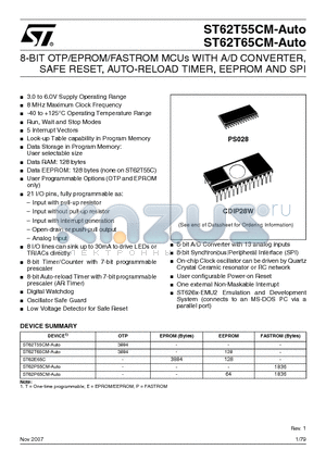 ST62P55CM-AUTO datasheet - 8-BIT OTP/EPROM/FASTROM MCUs WITH A/D CONVERTER, SAFE RESET, AUTO-RELOAD TIMER, EEPROM AND SPI