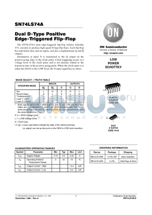 SN74LS74AN datasheet - LOW POWER SCHOTTKY