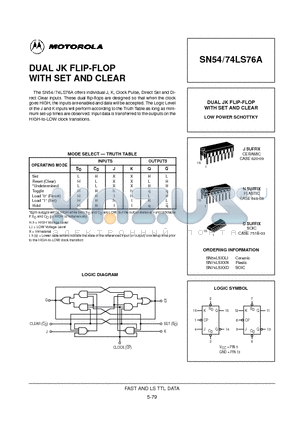 SN74LS76 datasheet - DUAL JK FLIP-FLOP WITH SET AND CLEAR