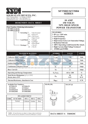 SFT5002J datasheet - 10 AMP 150 VOLTS NPN HIGH SPEED POWER TRANSISTOR