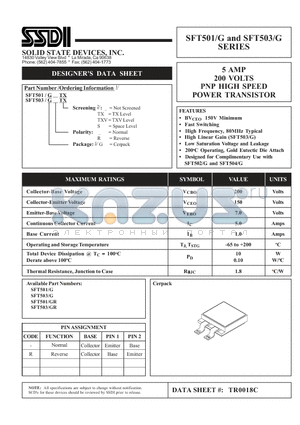 SFT501-G datasheet - 5 AMP 200 VOLTS PNP HIGH SPEED POWER TRANSISTOR