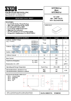 SFT5014-4 datasheet - 0.5 AMP 800 - 1000 VOLTS NPN TRANSISTOR