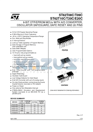 ST62T08C datasheet - 8-BIT OTP/EPROM MCUs WITH A/D CONVERTER, OSCILLATOR SAFEGUARD, SAFE RESET AND 20 PINS