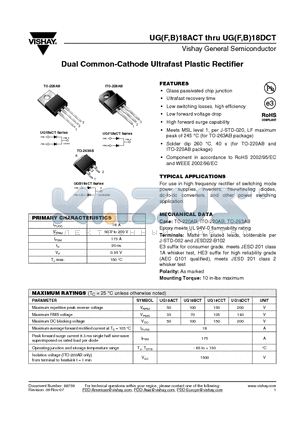 UG18BCT datasheet - Dual Common-Cathode Ultrafast Plastic Rectifier