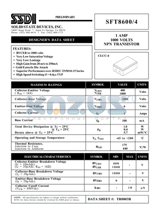 SFT8600/4 datasheet - 1 AMP 1000 VOLTS NPN TRANSISTOR