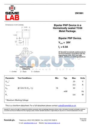 SF_2N1991 datasheet - Bipolar PNP Device in a Hermetically sealed TO39 Metal Package