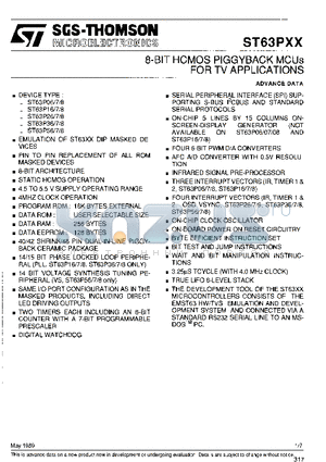 ST63PXX datasheet - 8-BIT HCMOS PIGGYBACK MCUs FOR TV APPLICATIONS