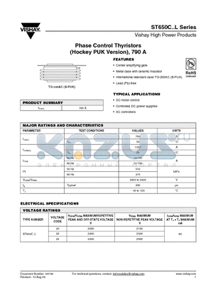 ST650C24L1L datasheet - Phase Control Thyristors (Hockey PUK Version), 790 A