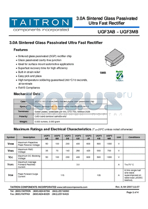 UGF3BB datasheet - 3.0A Sintered Glass Passivated Ultra Fast Rectifier