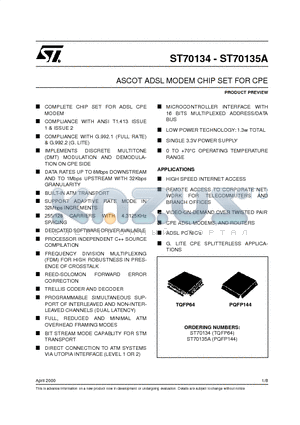 ST70134 datasheet - ASCOT ADSL MODEM CHIP SET FOR CPE