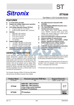 ST7038 datasheet - Dot Matrix LCD Controller/Driver