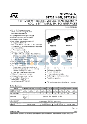 ST72124J2T6 datasheet - 8-BIT MCU WITH SINGLE VOLTAGE FLASH MEMORY, ADC, 16-BIT TIMERS, SPI, SCI INTERFACES