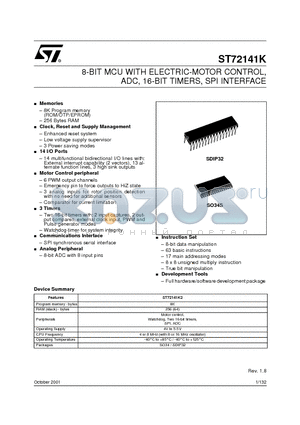 ST72141K2 datasheet - 8-BIT MCU WITH ELECTRIC-MOTOR CONTROL, ADC, 16-BIT TIMERS, SPI INTERFACE