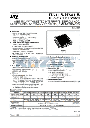 ST722311R6T3 datasheet - 8-BIT MCU WITH NESTED INTERRUPTS, EEPROM, ADC, 16-BIT TIMERS, 8-BIT PWM ART, SPI, SCI, CAN INTERFACES