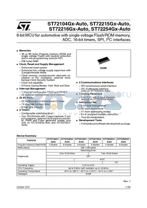 ST72216GX-AUTO datasheet - 8-bit MCU for automotive with single voltage Flash/ROM memory, ADC, 16-bit timers, SPI, I2C interfaces